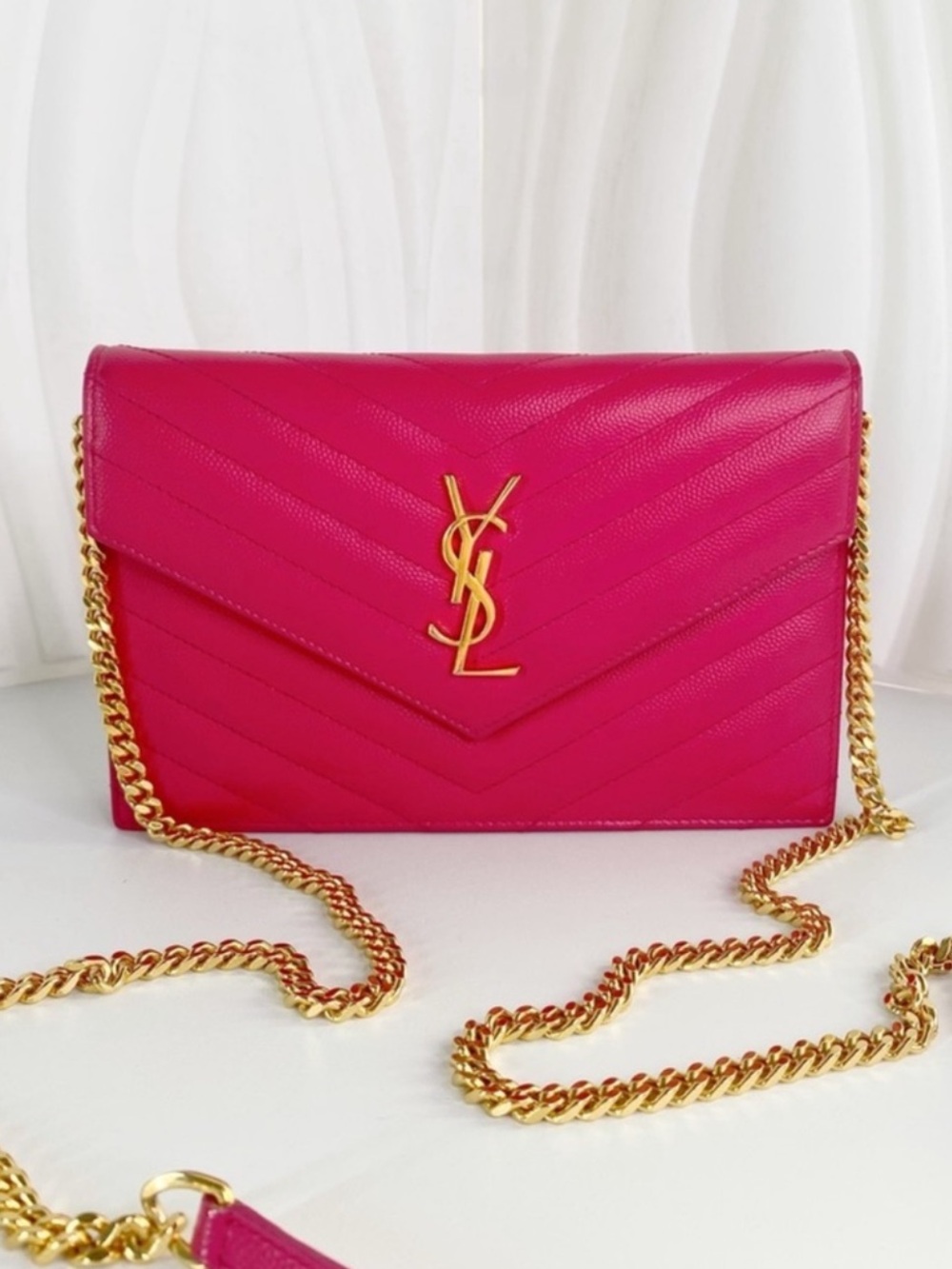 Authentic Saint Laurent Fuchsia Quilted Envelope Crossbody with Gold Chain